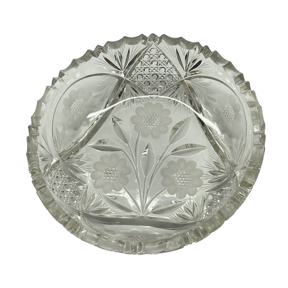 Antique American Brilliant Cut Glass Hobstar‎ Engraved Flowers Sawtooth Rim Bowl